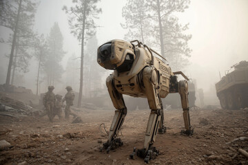 A robot is standing in a forest with a group of soldiers