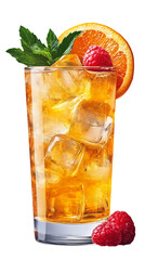 A refreshing cocktail in a glass with ice cubes. The drink is decorated with an orange slice, a mint leaf, and raspberries.