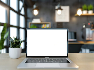 Fototapeta premium Laptop with a blank white screen on a wooden desk next to a potted plant in a modern office