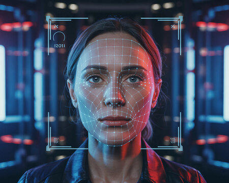 Close-up portrait of a futuristic young woman engineer facing forward, glowing blue and red biometric facial recognition grid scanning her face