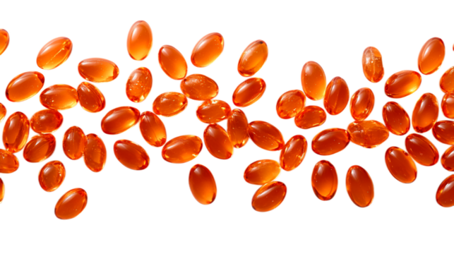 Many amber-colored capsules or tablets on a transparent background.