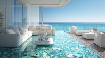 Luxurious oceanfront living area with a unique turquoise stone floor.