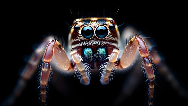 Close up macro photography of a jumping spider arachnid with big eyes on black background