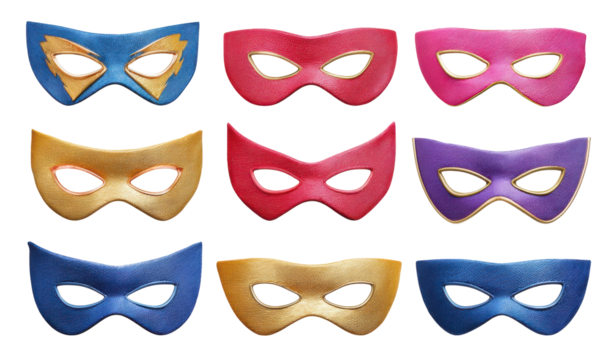 Nine colorful masquerade masks, arranged in a grid