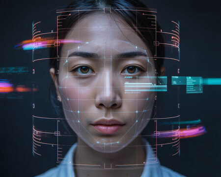 Close-up portrait of a futuristic young woman engineer facing forward, glowing blue and red biometric facial recognition grid scanning her face