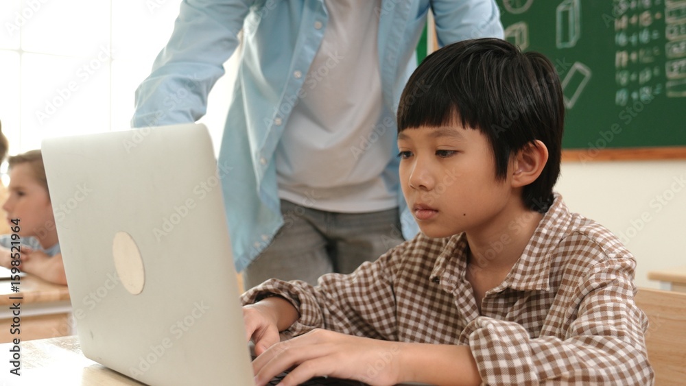 Poster caucasian teacher helping asian student coding engineering prompt while diverse student using softwa