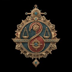 Obraz premium Highly ornate and stylized emblem featuring scales of justice intertwined with abstract shapes and celestial motifs, rendered in gold, blue, and red on a black background.