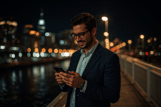 Young Professional Smiling at Phone in City at Night, Man in Suit Enjoying Social Media Message