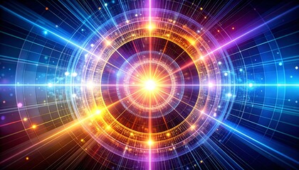 Radiant, circular, digital design with vibrant light rays