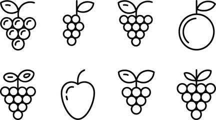 Simple Line Art Icons: Grapes, Berries, and Fruit Set — Minimalist Design