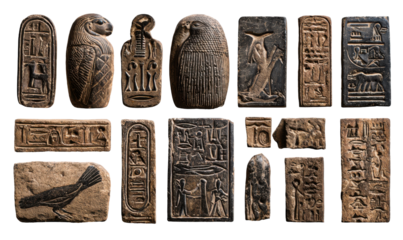 Ancient Egyptian artifacts, carved stone tablets