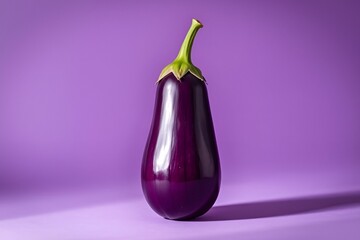 Centered Glossy Eggplant on Soft Purple Background with Minimalist Botanical Composition