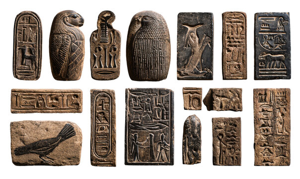 Ancient Egyptian artifacts, carved stone tablets