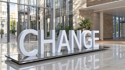 floating translucent glass 3D letters spelling "CHANGE" inside corporate atrium with reflections and morning light, innovative vibe 