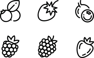 Bold Black Line Art Icons: Berries, Fruits,  Blueberries, Raspberries, Strawberries, Simple Style.