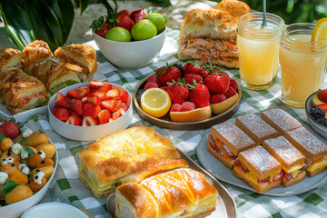 Delicious picnic spread with sandwiches, fruit, and refreshing beverages on a checkered tablecloth. Perfect for a sunny day out.