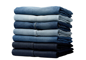 Stack of neatly folded denim jeans in various shades of blue isolated on transparent background
