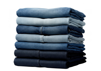 Stack of neatly folded denim jeans in various shades of blue isolated on transparent background