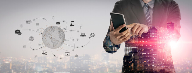 Visualization of global digital communication and online across multiple platforms, including global network, digital network, communication network, and online network. Vouch