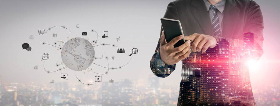 Visualization of global digital communication and online across multiple platforms, including global network, digital network, communication network, and online network. Vouch