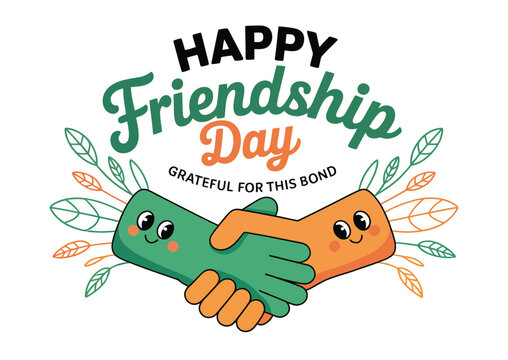 Friendship Day illustration with smiling cartoon hands shaking, playful background, and text celebrating joyful bonds and emotional connection