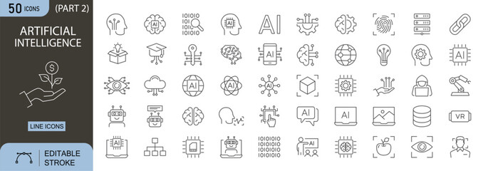 Artificial Intelligence icons set. Includes icons for brain, neural network, machine learning, algorithm, robot, automation, data, and smart technology. Line icons. Perfect for infographics.
