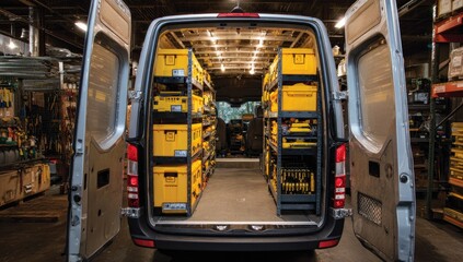 Van Interior with Equipment: A well-organized van interior showcasing neatly arranged storage containers, cabinets, and tools, demonstrating orderliness, industrial efficiency.