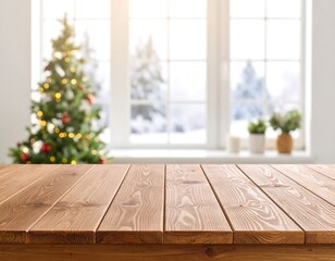 Empty wooden table in front of a Christmas window scene