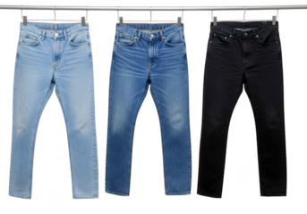 Three pairs of denim jeans in light blue medium blue and black hanging on a line isolated on transparent background