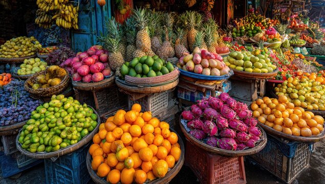 Colorful fruit market display: A vibrant market overflowing with fresh, ripe fruits of every imaginable color and variety, creating a feast for the senses.