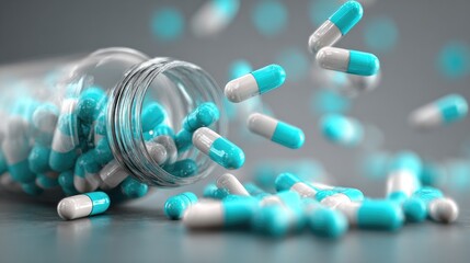 Capsule Spill: A striking macro view of a spilled prescription medicine with blue-white capsules, depicting a pharmaceutical subject in medical, healthcare and research contexts.