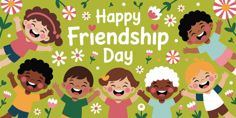 Fototapeta premium Friendship Day illustration with children holding hands in a circle, green floral background, and joyful message celebrating unity and bonding