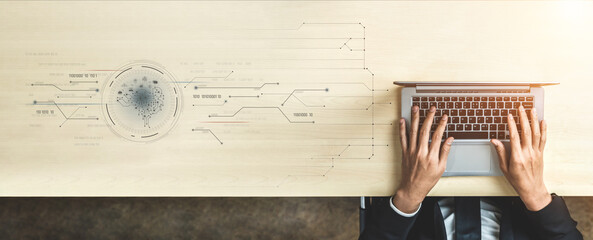 AI artificial intelligence with digital brain and connected data circuit. AI core processes data,...