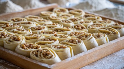 Naklejka premium tray full of rolled walnut pastries arranged in rows, ready for the oven, warm and rustic baking setup
