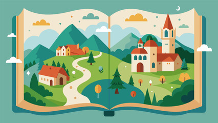 Fototapeta premium A map of a magical countryside filled with quaint villages and mystical landmarks painted onto the pages of a vintageinspired travel journal.. Vector illustration