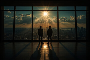 Contemplating the City: Silhouetted Figures Gaze Outward from a High-Rise Window,Sunset Reflections: Businessmen in Suits Survey the Metropolis from a Skyscraper