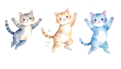 Jumping Cats Watercolor Illustration.
