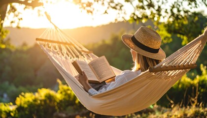 Relaxed woman reading book in hammock at sunset