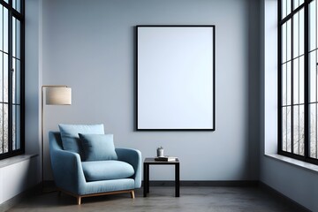 A blue chair is in front of a white wall