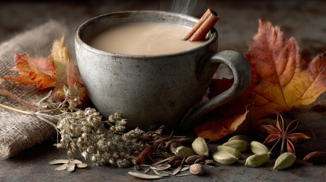 Warm Autumn Chai Tea in Speckled Mug with Spices