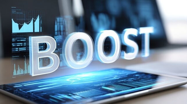 word "BOOST" in semi-transparent 3D letters floating within a holographic screen above a tech desk, digital charts and futuristic interface around - Powered by Adobe