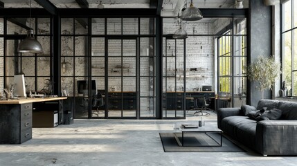 Industrial style office space with open layout.
