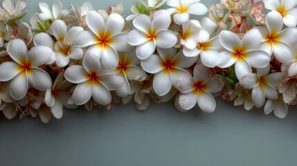 Fototapeta premium White Plumeria Flowers on Soft Gray Background