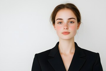 Young woman with brown hair in black blazer, Studio business portrait on white background, Minimalist professional headshot, Modern clean style, Copy space

