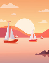 Sailing Boats at Sunset - vector illustration