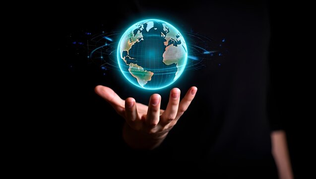 Global technology concept hand holding digital earth hologram future innovation - Powered by Adobe