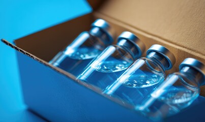 Medical Vials in a Box: A detailed capture of medical vials neatly arranged inside a cardboard box, suggesting healthcare, treatment, and scientific innovation.
