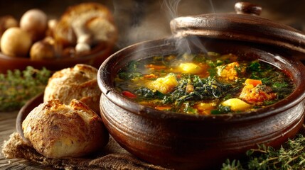 Warm Vegetable Soup in Rustic Brown Pot