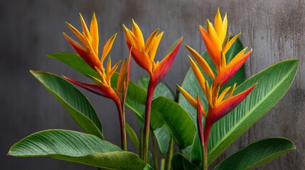 Vibrant Orange and Red Heliconia Flowers with Water Droplets