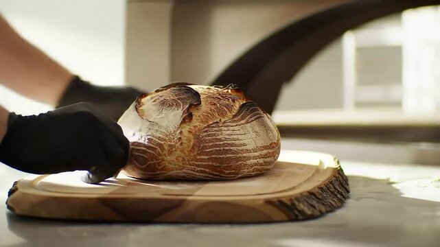 A chef carefully removes freshly baked bread from the oven, showcasing culinary craftsmanship and warmth.